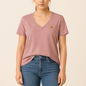 tentree Mauve Blush Pink V-Neck Short Sleeve Tee Front Leather Emblem
